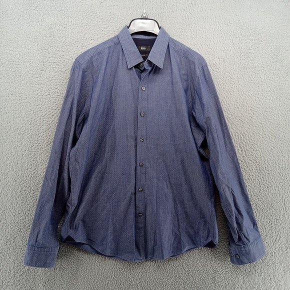 Hugo Boss Shirt Mens Large Blue Geometric All Over Medallion Woven Sharp‎ Fit - Picture 1 of 11